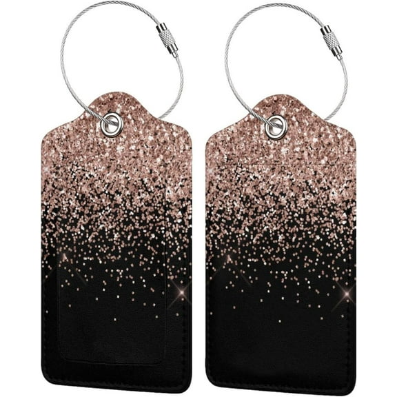 2 Pack Luggage Tag for Suitcase, Blush Pink Rose Gold Black Glitter Leather Id Labels with Stainless Steel Loop Privacy Cover for Women Girls Bag Travel
