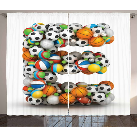 Letter E Curtains 2 Panels Set, ABC of Sports Concept Different Gaming Balls First Name Initial Monogram Design, Window Drapes for Living Room Bedroom, 108W X 90L Inches, Multicolor, by