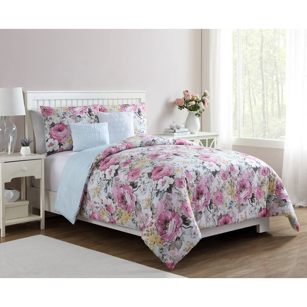 VCNY Home Multicolor Floral Printed Lucia 5 Piece Bedding Comforter Set, Decorative Pillows and