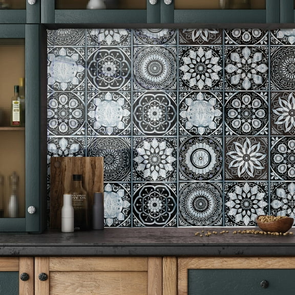 12 Piece Tiles Stickers Kitchen Backsplash Decals 8x8inch Grey Mandala Wall Stickers Vinyl Peel and Stick Bathroom Stairs Decor