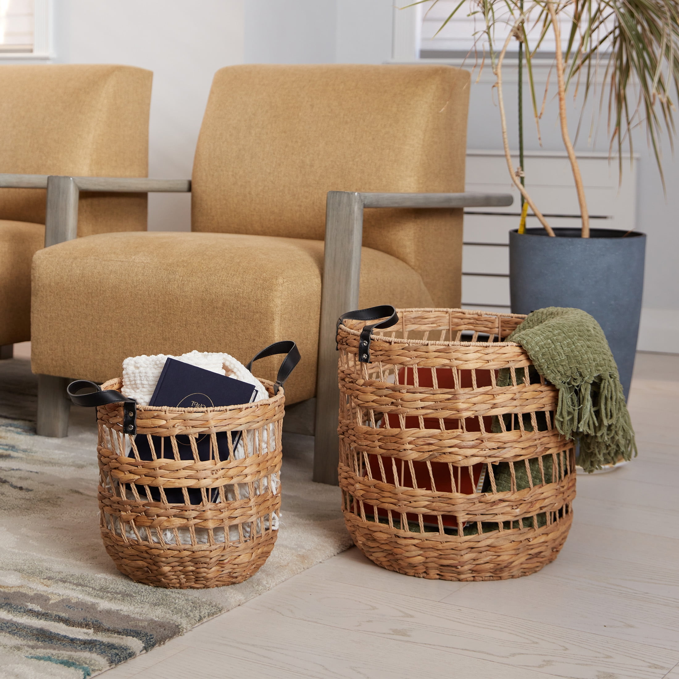 Better Homes & Gardens 2-Pack Round Storage Baskets, Woven Fabric, Black Faux Leather Handles, Natural, 14.5"D x 16.5"H – Decorative Bin for Blankets, Toys, Home Organization
