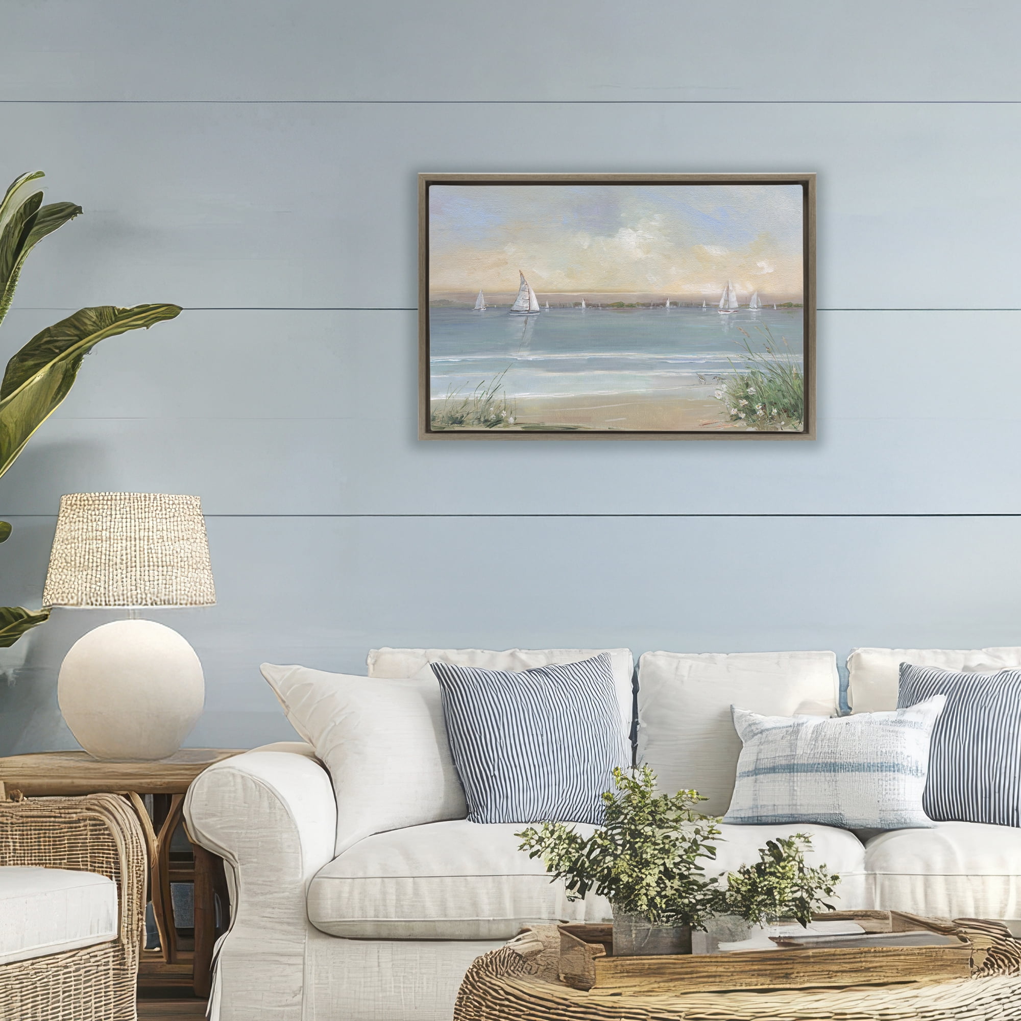Stupell Industries Coastal Sailing At Dawn Brown Framed Floater Canvas Wall Art, design by Sally Swatland