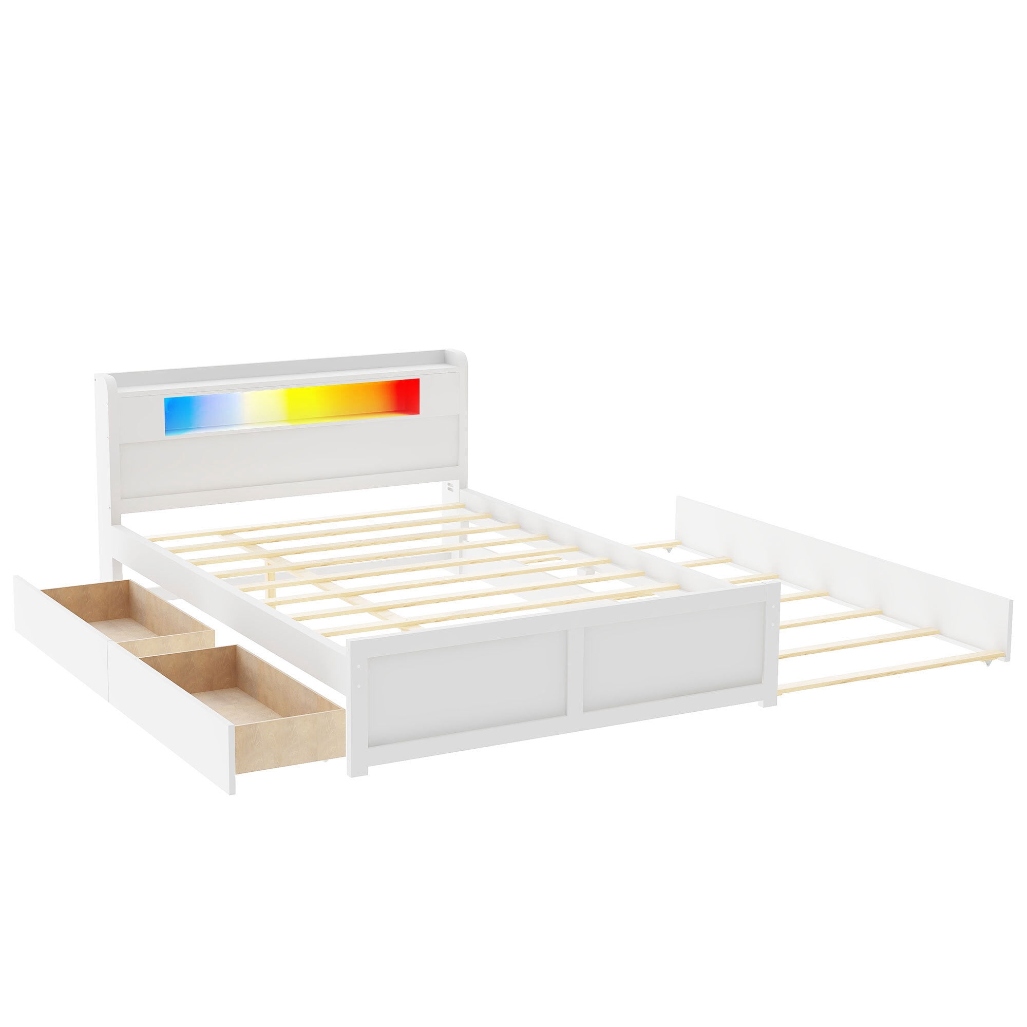 Euroco Wood Queen Size Platform Bed with Storage Headboard, Drawers Trundle and LED Light for Adults, White