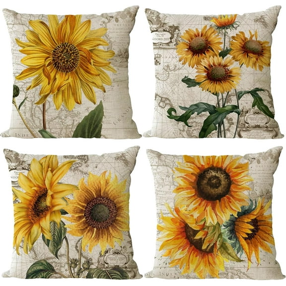 Set of 4 Sunflower Decorative Throw Pillow Covers 16x16 Inch Plant Pillow Covers Linen Square Pillow Cases Summer Flower Outdoor Sofa Couch Home Bed Decor Cushion Covers (16 by 16)