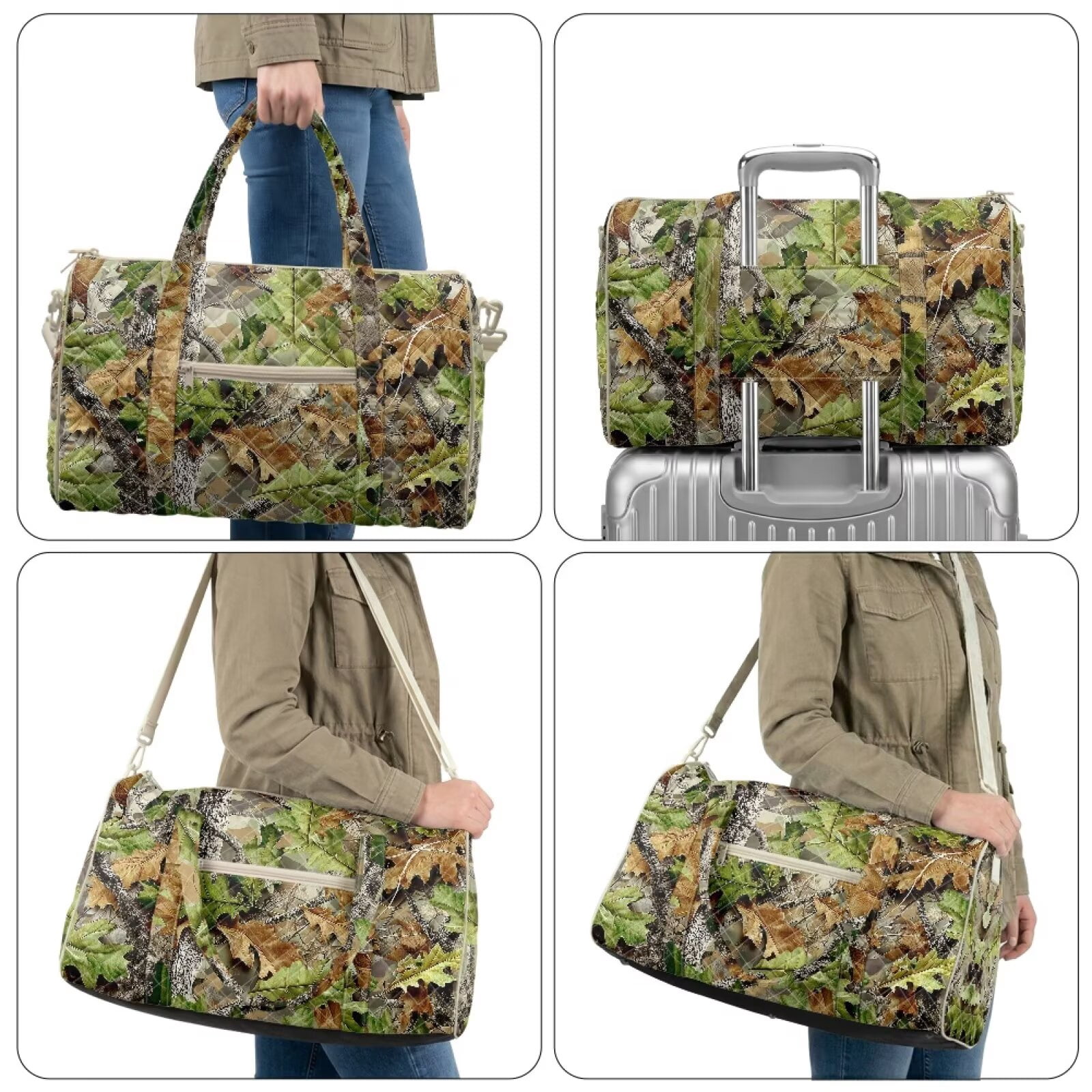 Pzuqiu Camo Hunting Large Quilted Weekender Bag for Women Lightweight Puffer Duffle Carry-On Tote with Adjustable Strap for Travel, Gym, Overnight Trips Portable Travel Bags