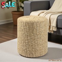 Tcbosik Handwoven Seagrass Ottoman, 14-Inch Round Pouf Stool with Cushioned Seat, Light Natural Footrest for Living Room & Bedroom