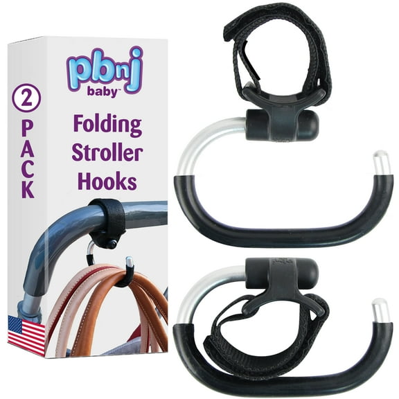 PBnJ baby Foldable Stroller Hooks for Diaper Bags - Universal Fit Stroller Bag Hook, One-Hand Use, Aluminum Design - Stroller Accessories 2 Pack