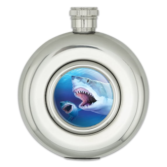 Great White Sharks Ocean Pair Scuba Diving Round Stainless Steel 5oz Hip Drink Flask