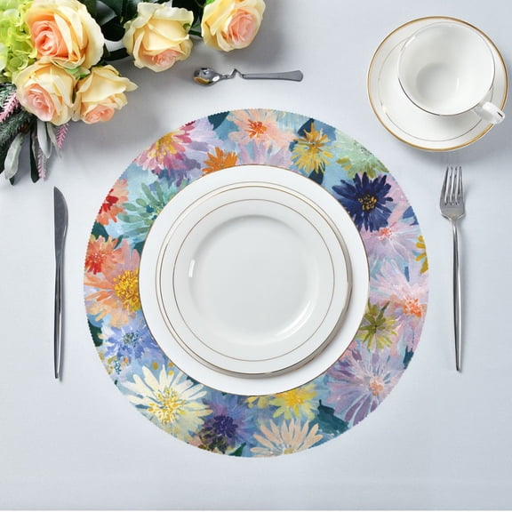 15.4" Round Placemat Set of 1 Polyester Fabric Place Mats Non-Slip Dining Kitchen Table Mats for Kitchen Party Decor Vibrant Abstract Floral