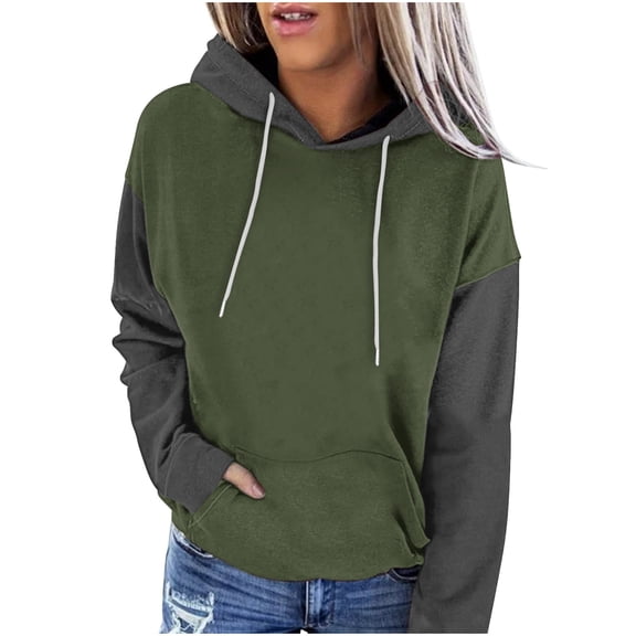 YUGYXL Women's Patchwork Hoodies Lounge Going Out Long Sleeve Sweatshirts Drawstring Comfy Regular Hoodie Army Green XXL