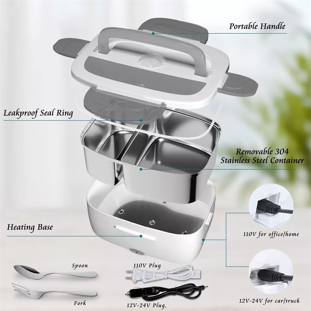 Zeng Electric Lunch Box Food Heater,2-in-1 Portable Food Warmer Lunch Box for Car&Home,with Leak Proof Removable 304 Stainless Steel Compartment Container,1.5L,Grey