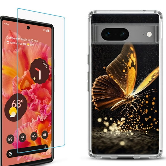 OneToughShield ® for Google Pixel 7a Shockproof Bumper Phone Case, with Tempered Glass Screen Protector - Golden Butterfly