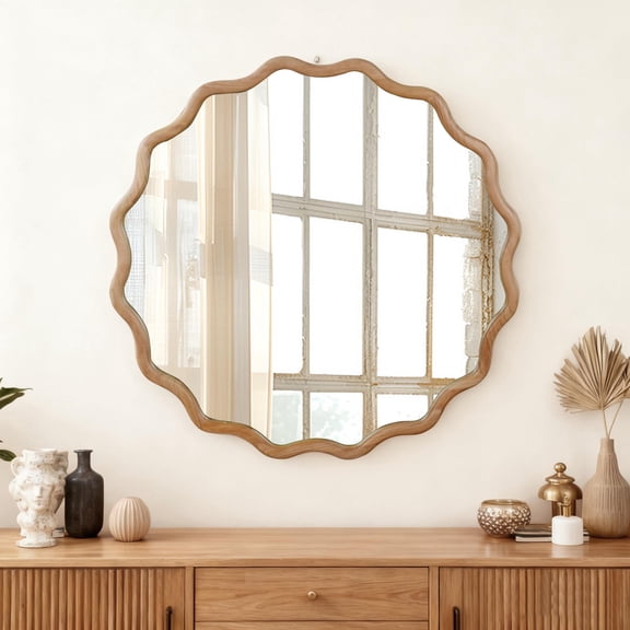 Jopath 30 Inch Wavy Round Solid Wood Frame Decorative Mirror, for Bedroom, Bathroom, Living Room, Entryway Natural Wood Color