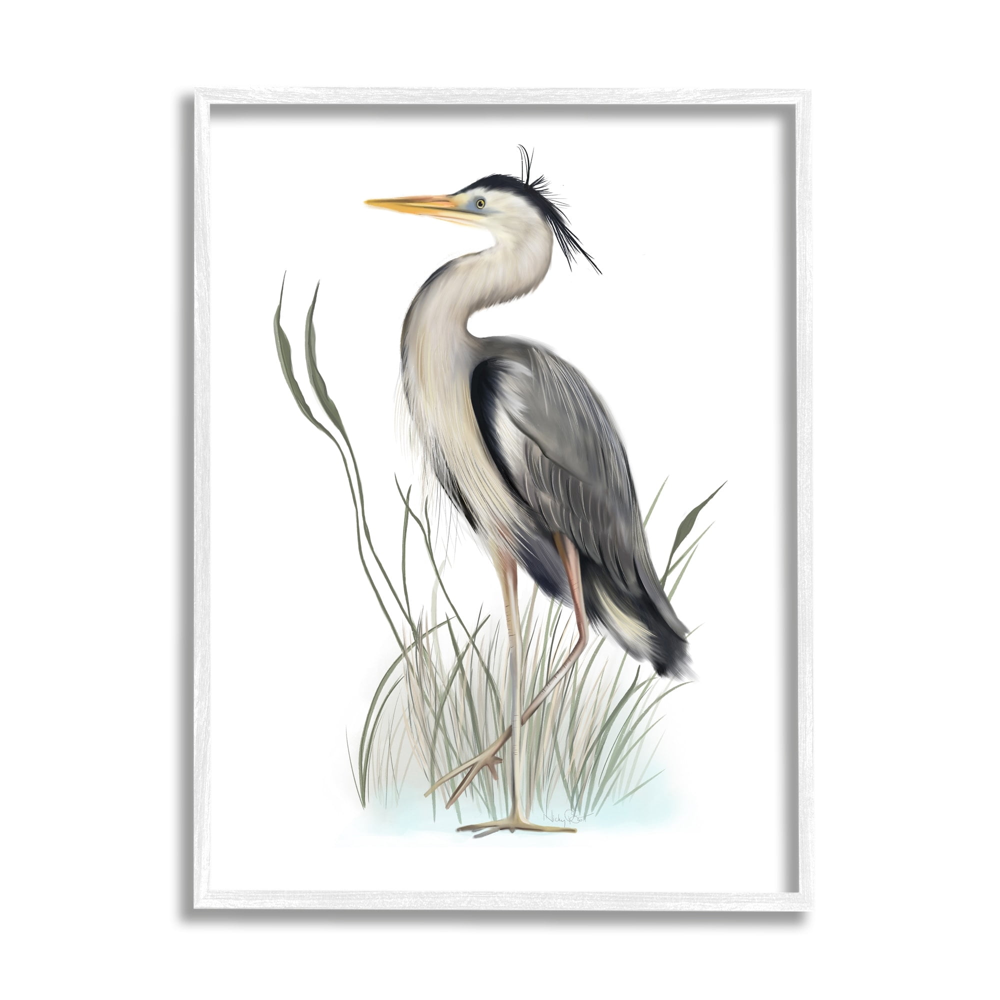 Stupell Industries Peaceful Heron Bird Standing Amidst Wild Grass Graphic Art White Framed Art Print Wall Art, Design by Studio Q