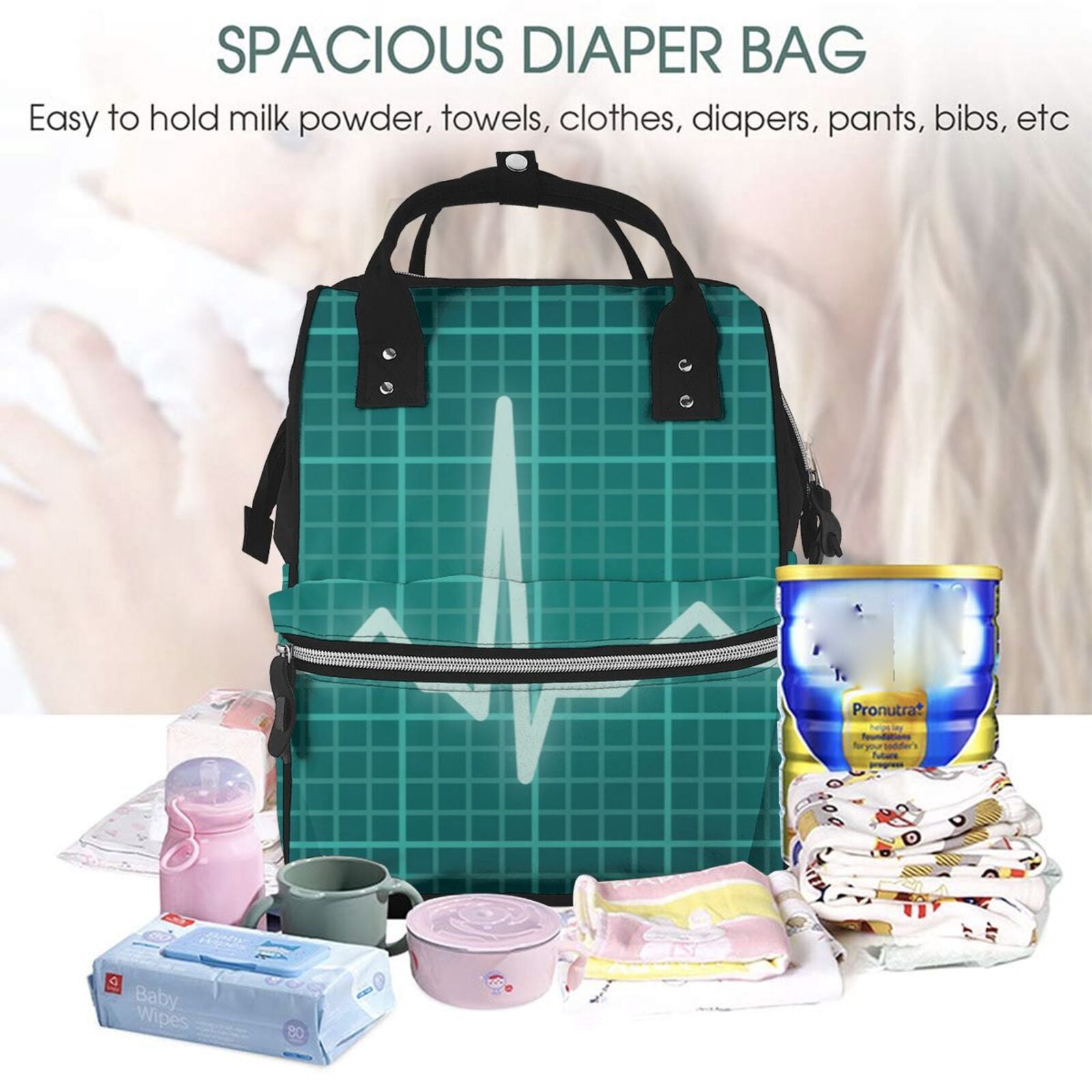 Ratiio ECG Wave Mummy Backpack - Waterproof Twill Canvas, Large Capacity Diaper Bag with Multiple Pockets and Adjustable Straps