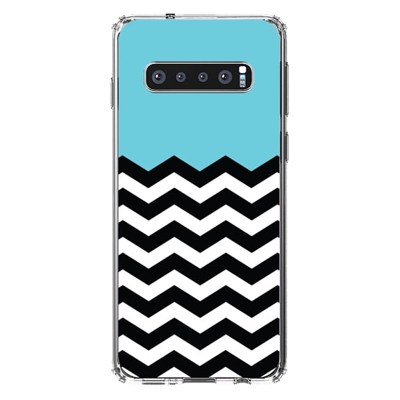 DistinctInk Clear Shockproof Hybrid Case for Samsung Galaxy S10 (6.1" Screen) - TPU Bumper, Acrylic Back, Tempered Glass Screen Protector - Black White Blue Chevron - Black & White Stripes Pattern