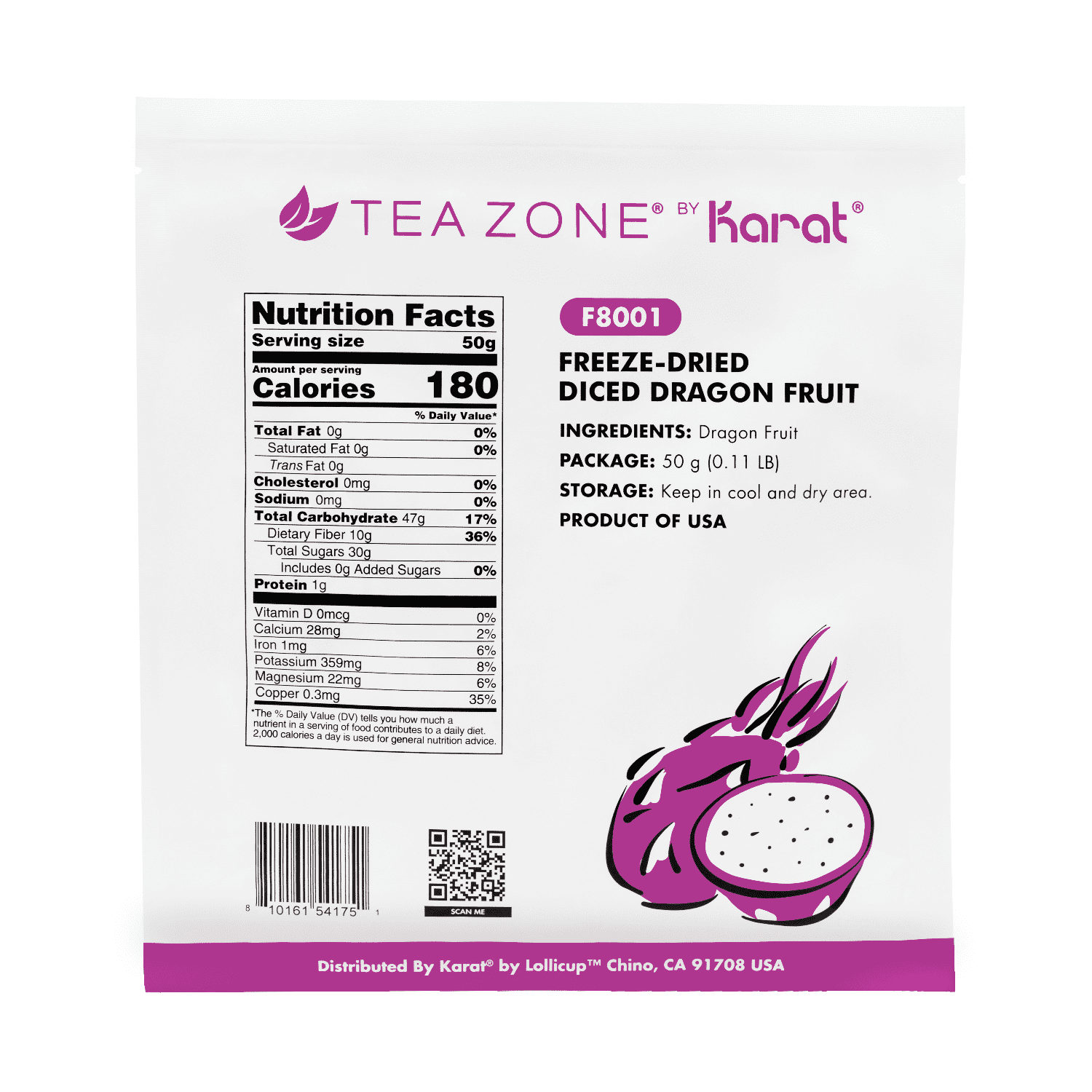 [12 Pack] Tea Zone Freeze-Dried Dragon Fruit, Diced - 1.76 oz