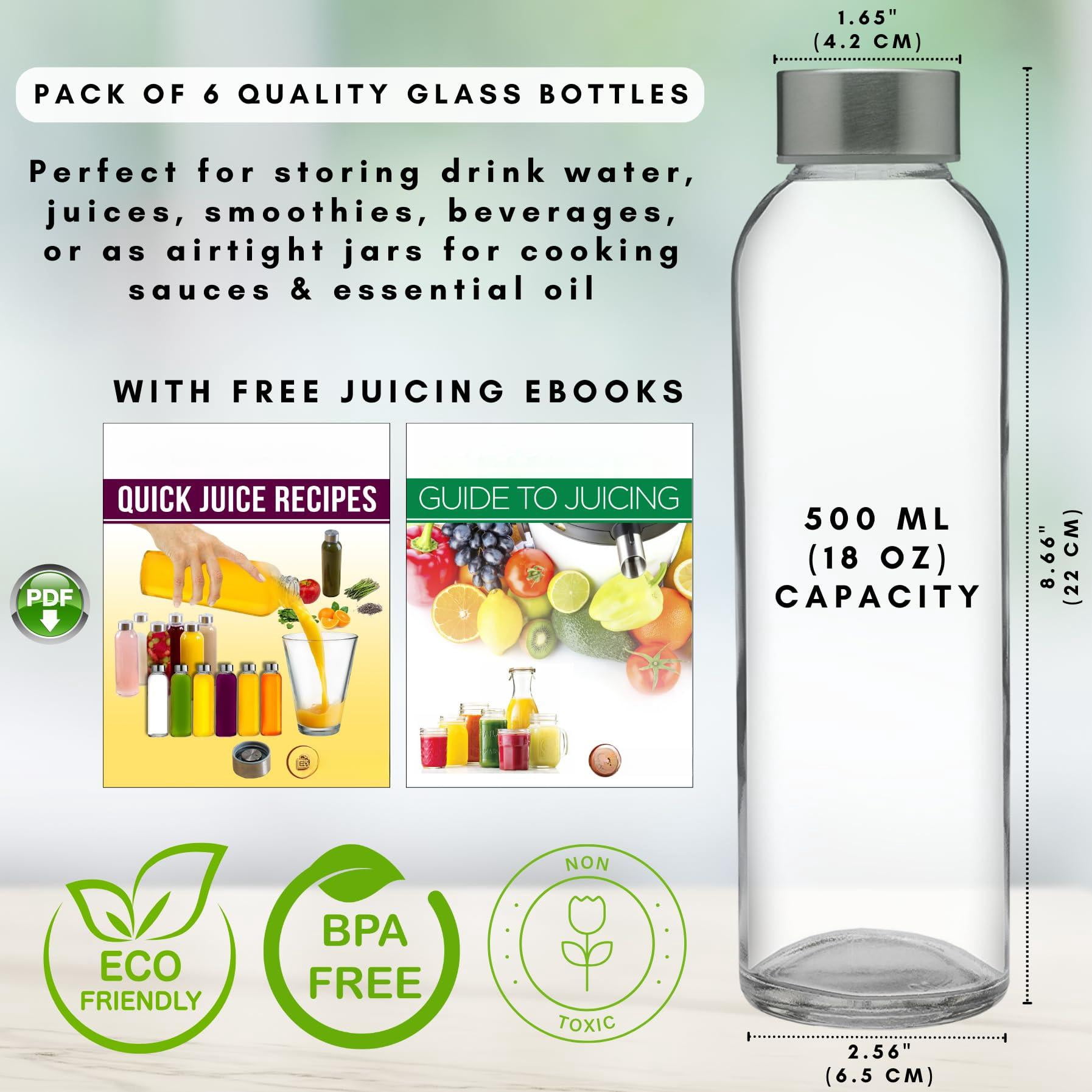 18 Oz Soda Lime Glass Water Bottles 6 Pack with Lids and Cleaning Brush