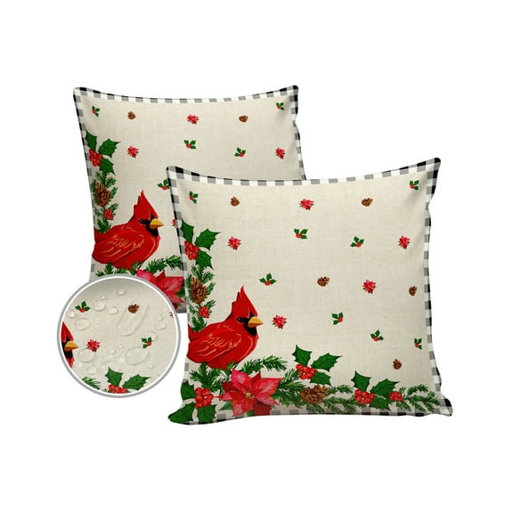 Pack of 2 Outdoor Pillow Covers, Christmas Vintage Red Bird with Poinsettia Waterproof Square Throw Pillowcase Cushion Decorative Pillow Covers for Couch Patio Tent, 18x18 in