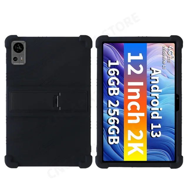 For Teclast T60 2023 12 inch Tablet PC Soft Silicone Shockproof Cover Case with Rear Kickstand Black For Teclast T60 12in