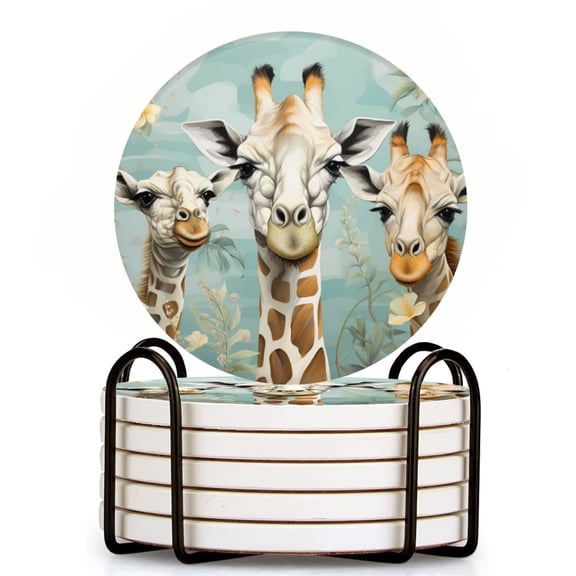 Cute Giraffes With Lovely Smiles Surrounded By Flowers And Plants Set of 6 Ceramic Coasters with Holder, Absorbent Drink Bar Coasters, Table Coasters for Living Room Decor Tabletop Protection