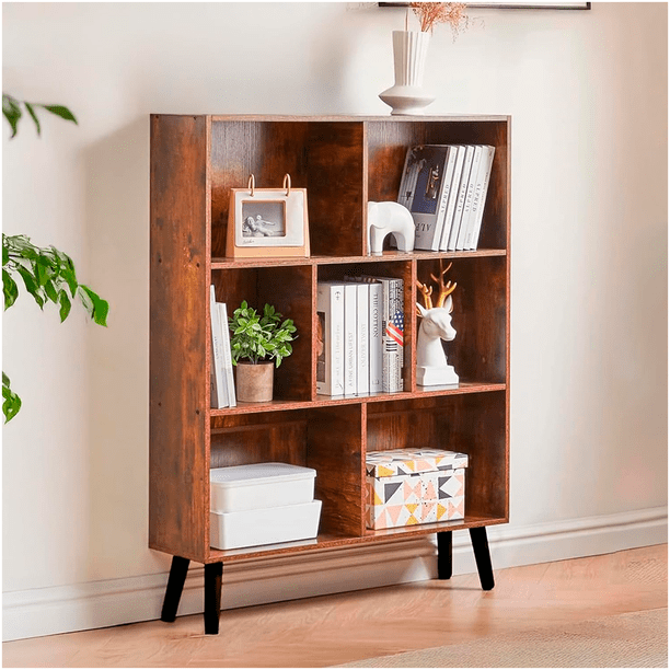 UTILIA Librero Organizador Minimalista de Madera con 3 Capas y 7 Celdas, Estante Librero Grande para Decoraciones, Plantas y Libros, Mueble Organizador para Sala, Dormitorio y Oficina