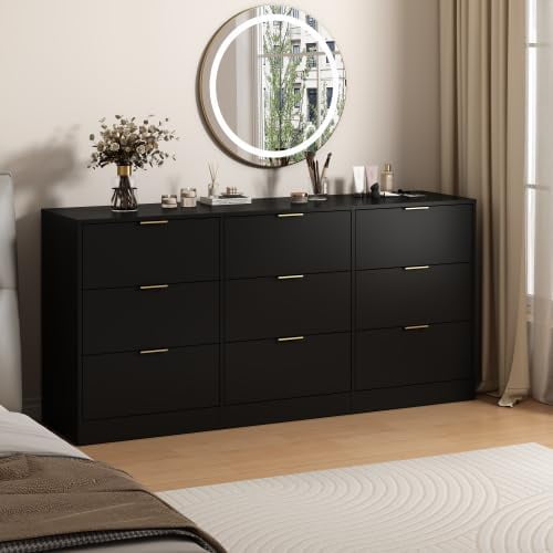 9 Drawer Dresser for Bedroom, 63" Wide White Drawers Large Wood Chest of Drawers Organize with Metal Handle, Modern Dresser for TV Stand, Living Room Office, Hallway, Ball Bearing Slide