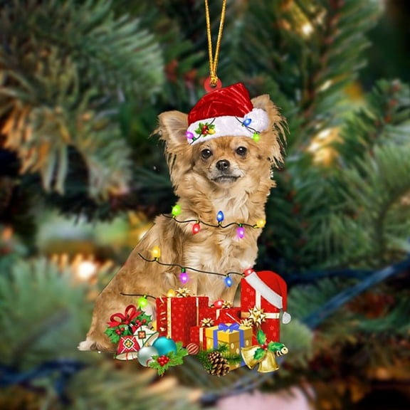 Acrylic 2D FLAT Long haired Tan Chihuahua-Dog Be Christmas Tree Hanging Ornament