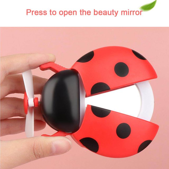 Ladybug Mini Fan LED Mirror Light USB Rechargeable Portable Ladybug Mini Makeup Hand Mirror