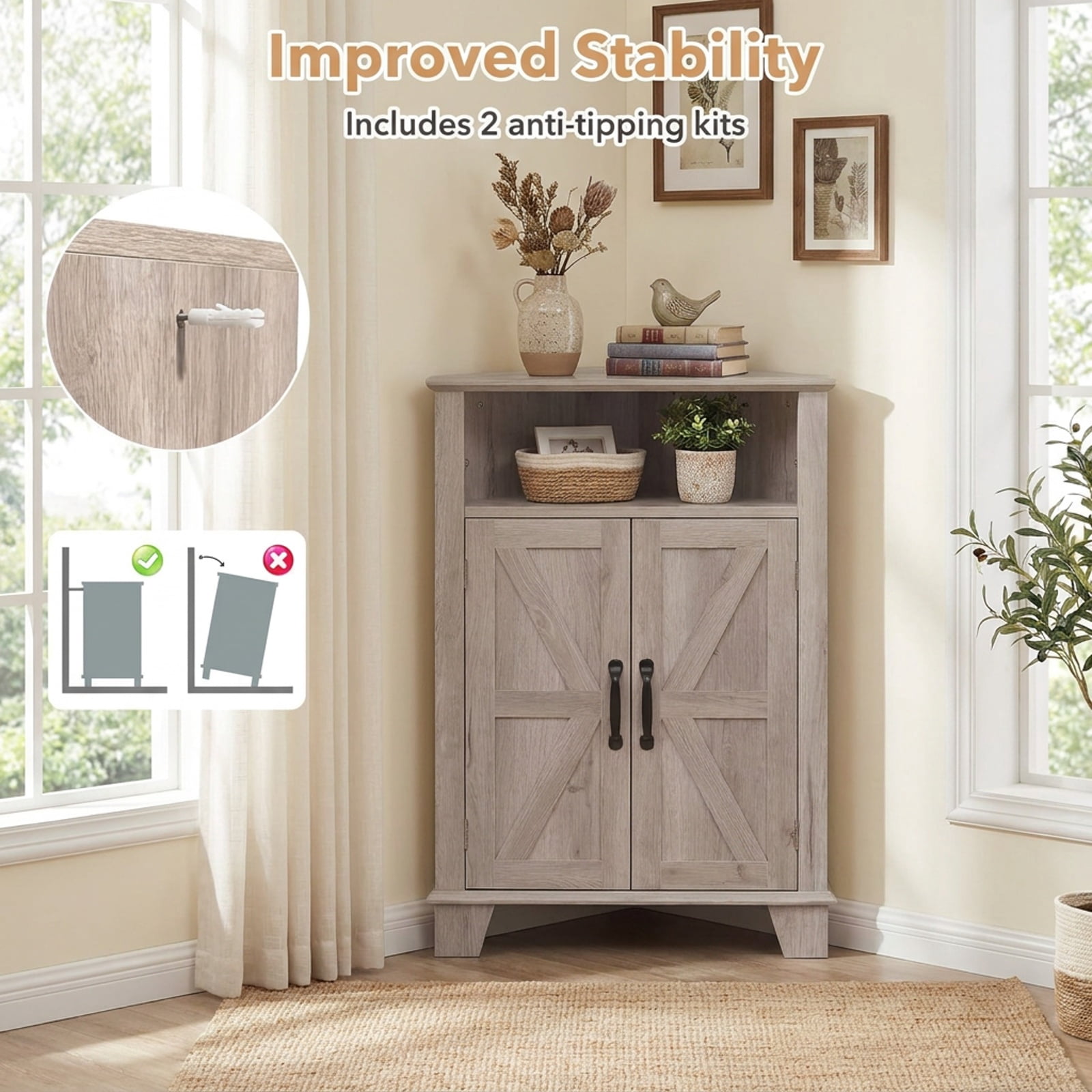 Furnibear 4 Tier Corner Accent Cabinet with Doors Open Shelf and Adjustable Storage for Kitchen Living Room and Entryway, Gray
