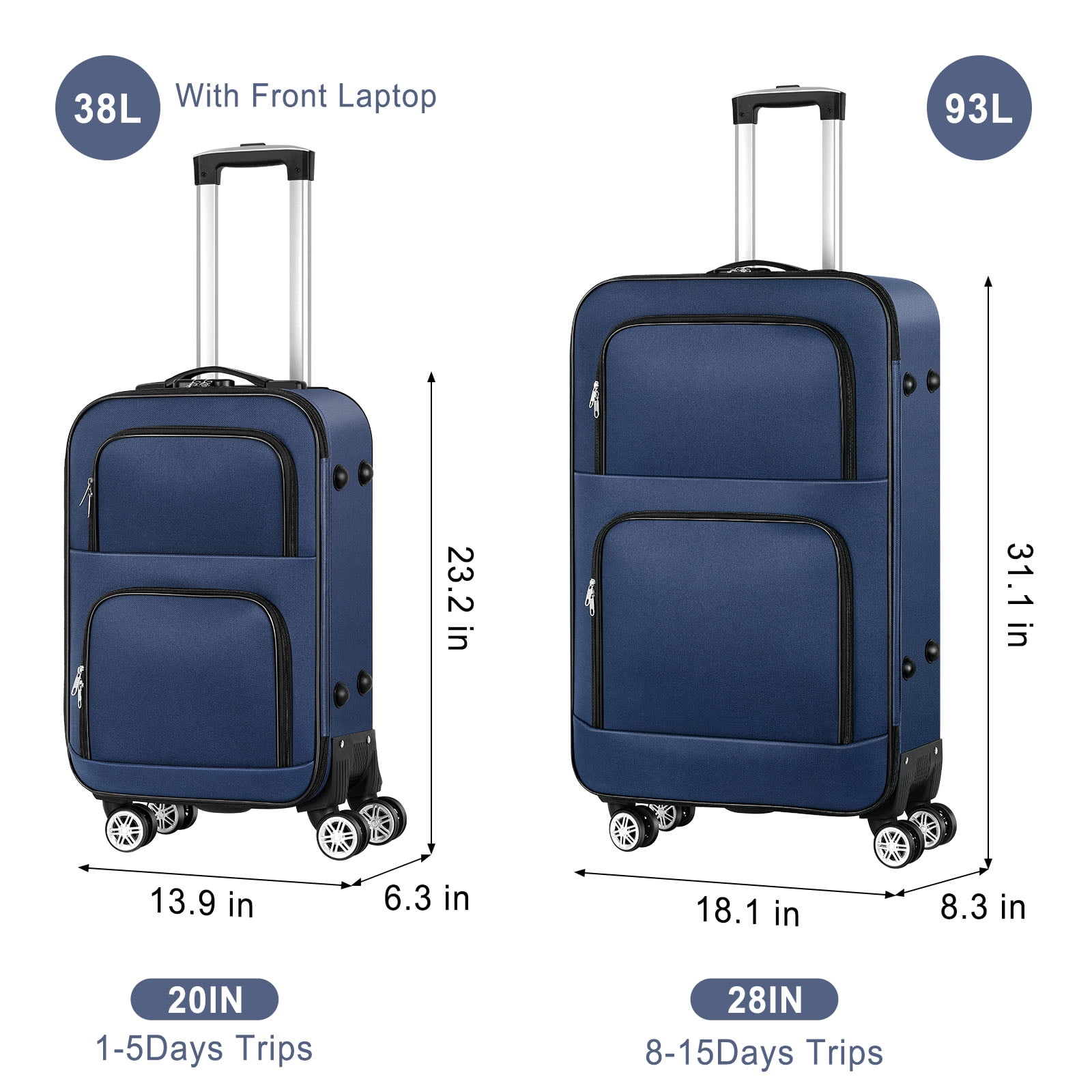 Soft-sided Fabric Luggage Roller Luggage Lightweight 20" Blue