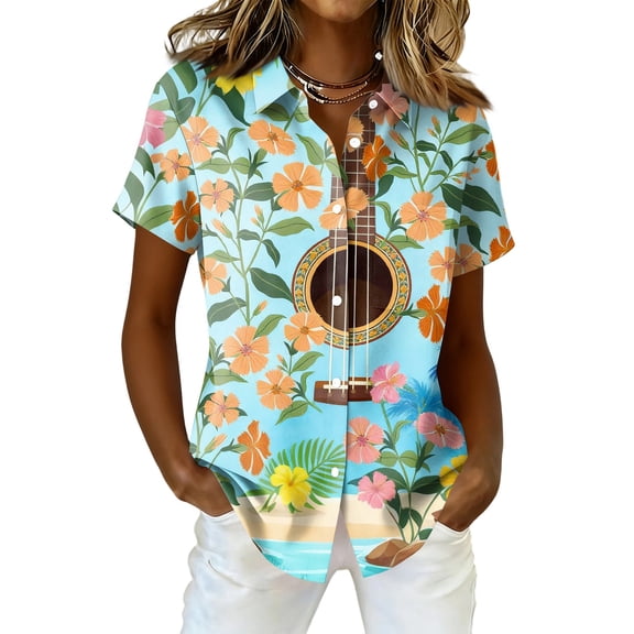 Fgvctg Hawaiian Womens Button Down Shirt Tropical Printed Summer Beach Shirts Plus Size Button Down Short Sleeve Shirt Casual Fashion Holiday Outfit 2026 Sky Blue 2XL
