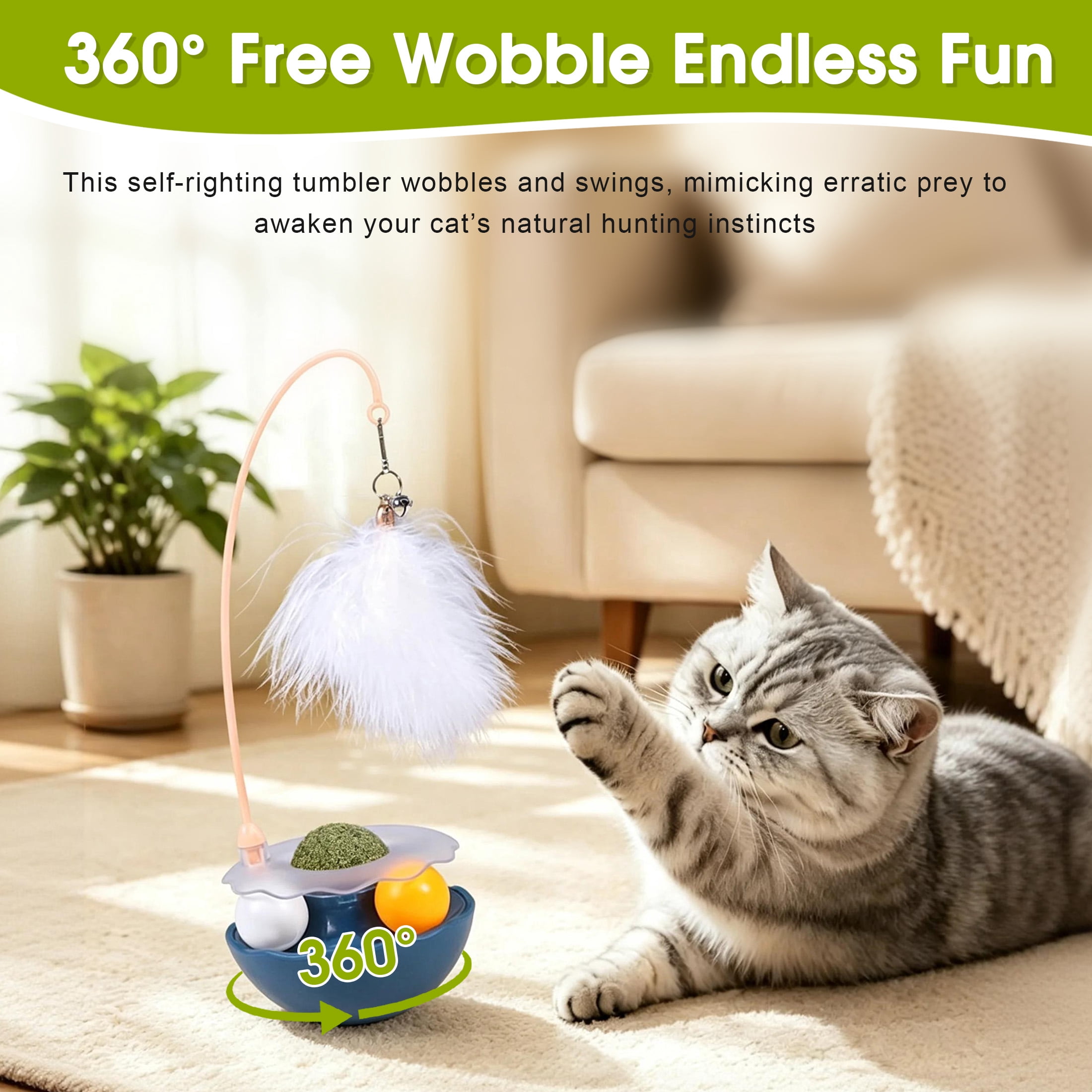 3 in 1 Interactive Cat Toy, Feather Wand Cat Teaser Toy with Bell, Cat Track Ball & Catnip Ball Combo, Self Play Wobble Kitten Toy for Indoor Cats
