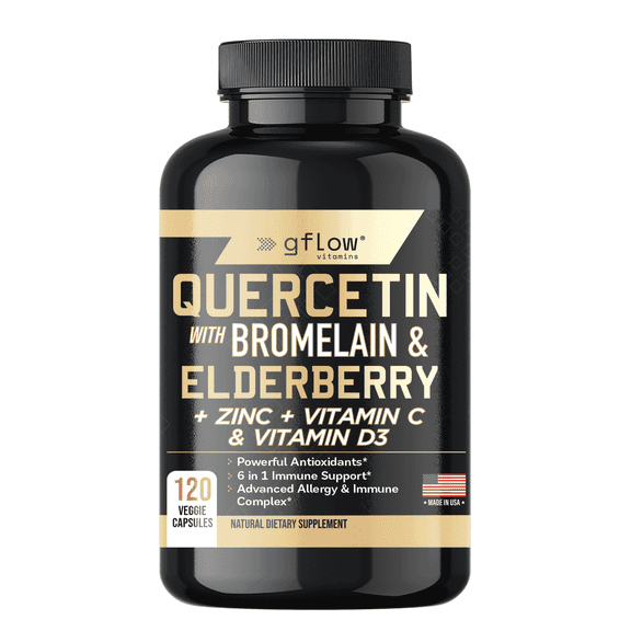 Gflow Vitamins Quercetin with Bromelain, Elderberry, Vitamin C, D and Zinc  - 120 Veggie Caps - Elderberry with zinc and Vitamin c for Adults (Non-GMO, Vegan)