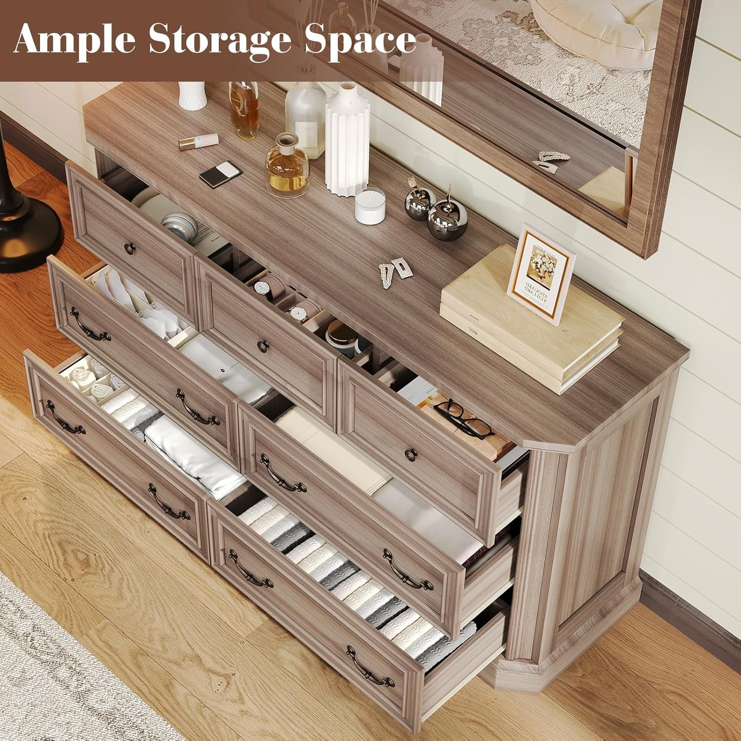VANACC Farmhouse 54" Wide 7 Drawers Dresser for Bedroom, Wood Rustic Chest of Drawers, Closet, Hallway, Grey Walnut