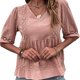 thumbnail image 1 of Blusa con costuras de encaje con escote en V, blusa informal ajustada con encaje en contraste, camisa para mujer, verano, rosa, M, 1 of 7