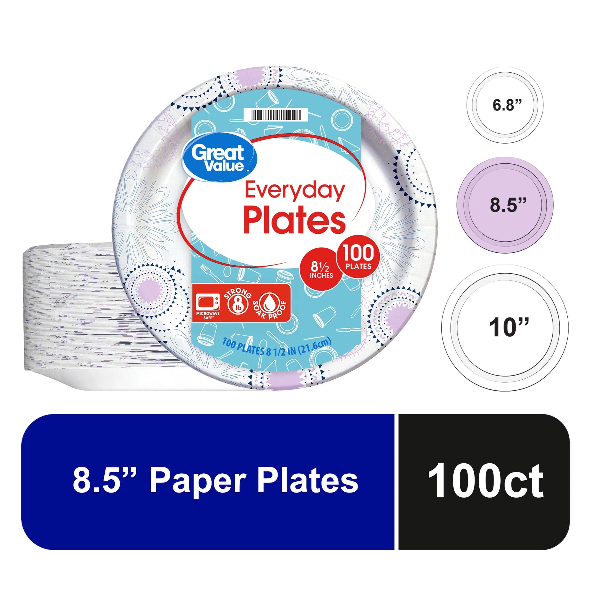 Great Value 8.5 Inch Disposable Paper Plates, 100 Count, Soak-Proof and Microwave Safe