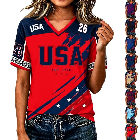 2026 New Women's USA Soccer Jersey T-Shirt, United States Jersey Soccer 2026 Country Team V Neck Short Sleeve Fan International Football Shirt Retro Streetwear Top for Adult(Red, 2XL)