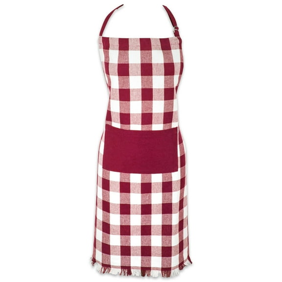DII Modern Cotton Heavyweight Check Fringed Chef Apron in Wine Red
