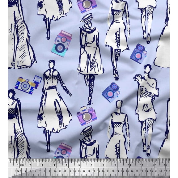 Soimoi Poly Georgette Fabric Women & Camera Fashion Printed Fabric 1 Yard 52 Inch Wide