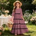 thumbnail image 7 of Girls Summer Maxi Dress Kids Striped Short Sleeve T-Shirt Dress for School Casual Dress with Pockets Red 7-8 Years, 7 of 7