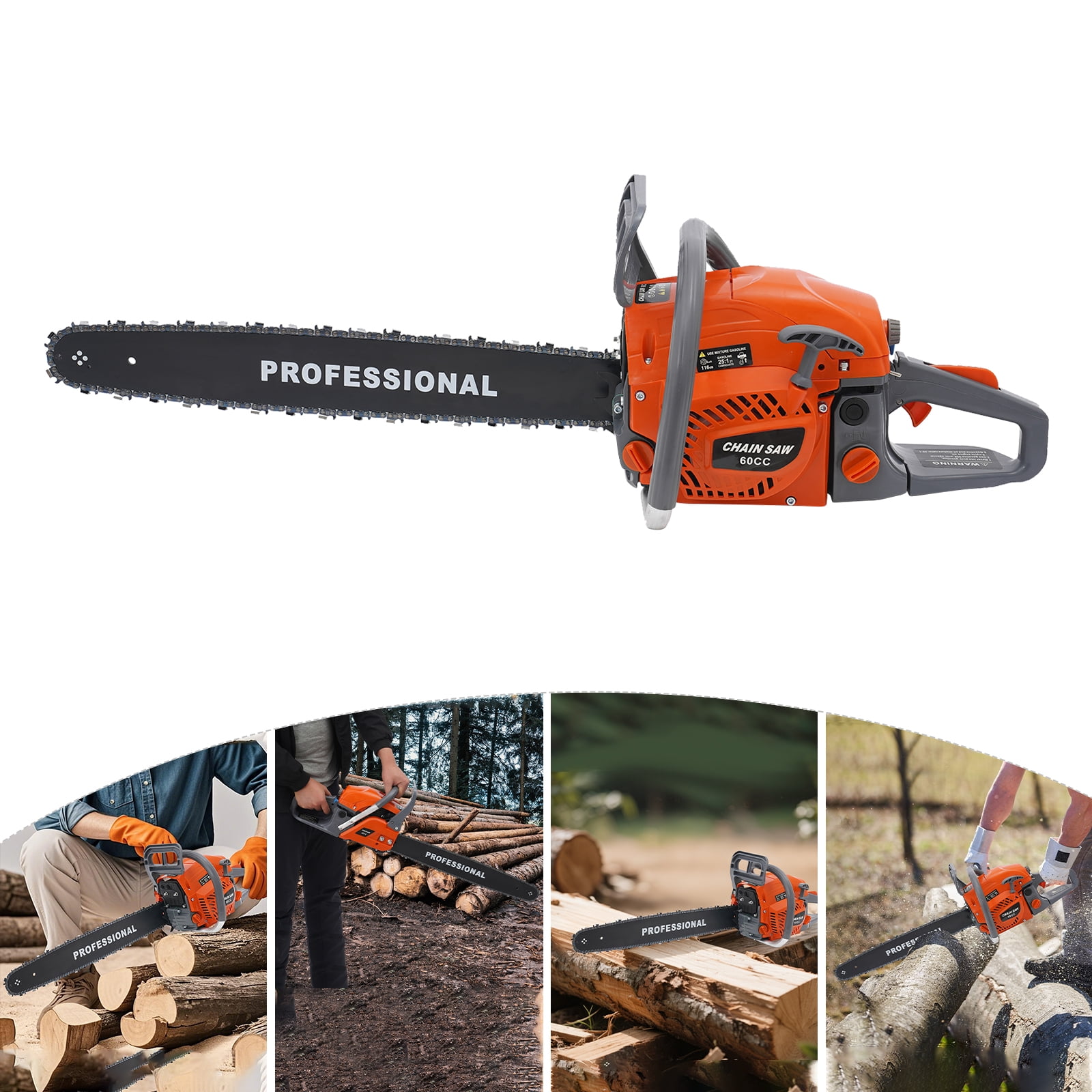 Handheld Cordless Petrol Chain Saw 2-Stoke Engine 60cc Gasoline Chainsaw Power Head Gas Powered Chainsaw 10000rpm Self-Reset Pull Start for Garden Pruning Forest Logging Chopping Wood