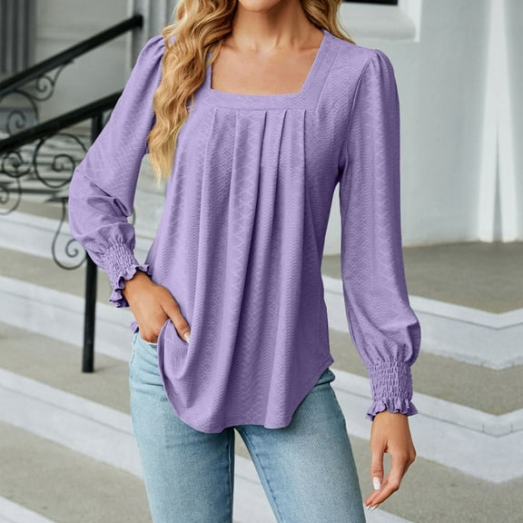 qolati Women's Dressy Casual Ruffle Long Sleeve Tops Trendy Solid Color Square Neck Pleated Front Tunic Shirts Elegant Loose Fit Flowy Boho Blouse