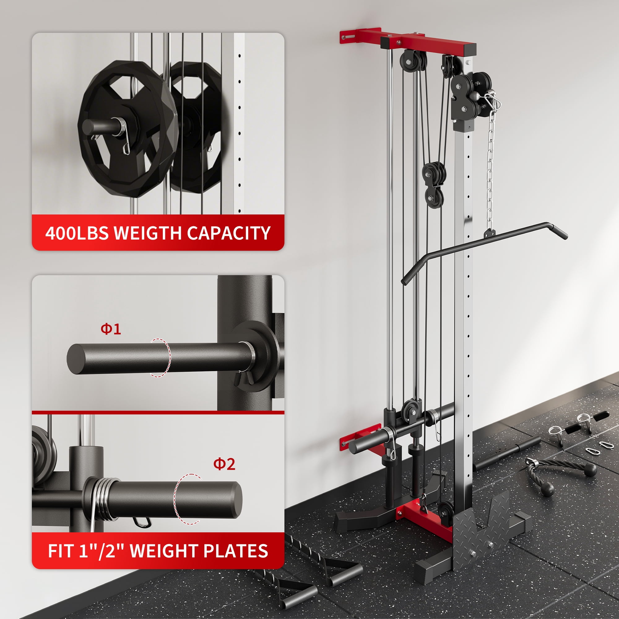 Wall-Mounted Cable Station – Dual Pulley Crossover Machine with Tricep Rope, T-Bar, Lat Pulldown Bar & Foot Board for Home Gym Strength Training