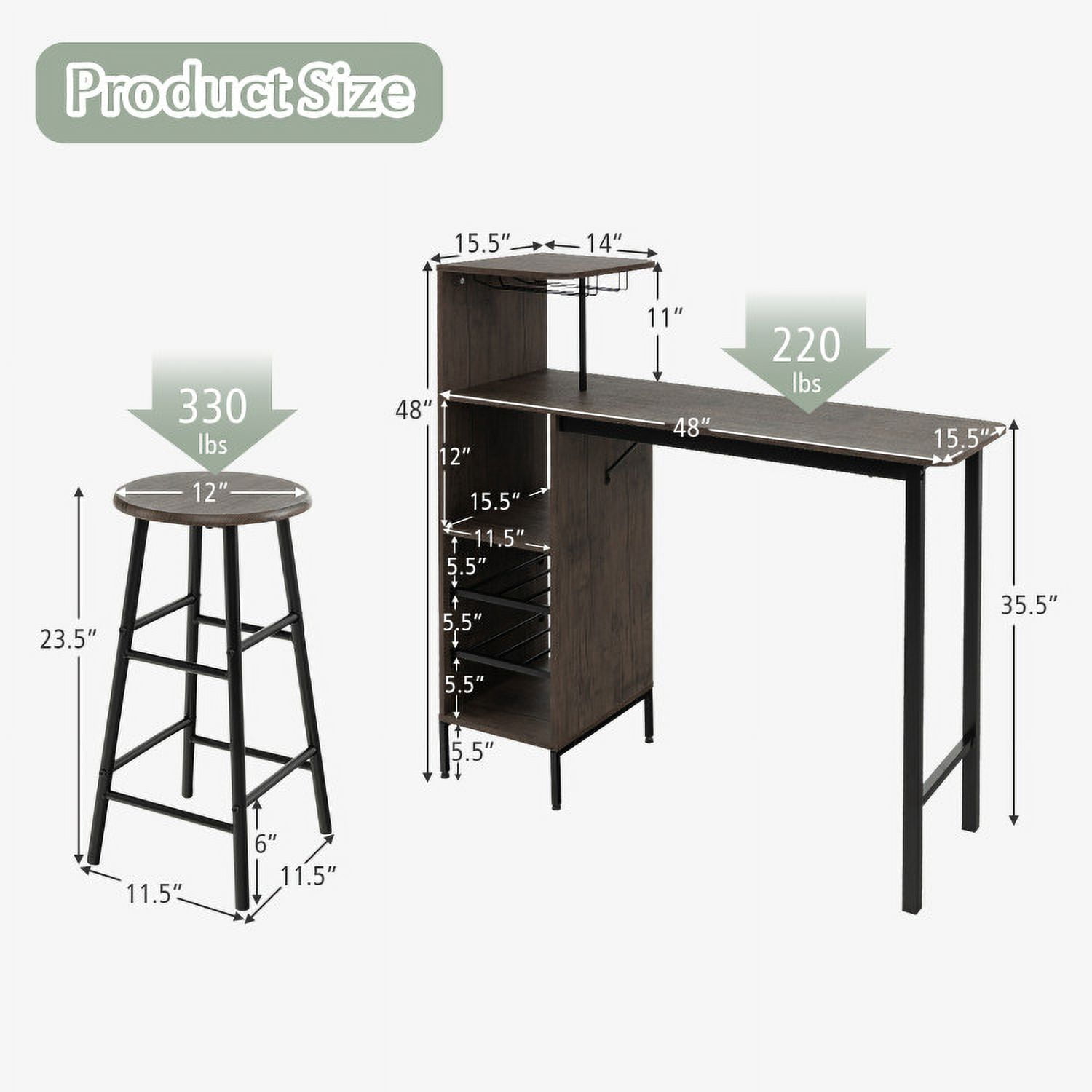 Finihen Dining Set, Dining Table Set, 3 Piece Bar Table and Chairs Set with 6-Bottle Wine Rack, for Home, Restaurant, Brown Finihen Dining Set, Dining Table Set, 3 Piece Bar Table and Chairs Set with 6-Bottle Wine Rack, for Home, Restaurant, Brown