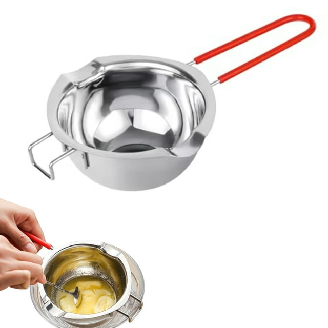 Pot Double en Acier Inoxydable 304 avec Poignée en Silicone Résistant à la Chaleur - Pot de Fusion Rouge 400ML pour Chocolat, Beurre, Fromage, Cire et Savon - Becs Doubles, Prise Ergonomique Antidérapante, Lavable au Lave-Vaisselle