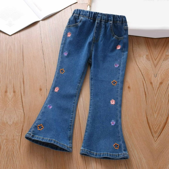 HAOTAGS High Rise Denim Pans Juniors Lightweight Flared Leg Trousers Ripped Distressed with Pockets Girl Clothes Blue 7 Years