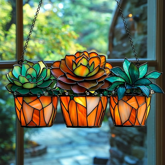 Colorful Potted Succulent Faux Stained Glass Acrylic Suncatcher Window Art Gift For Plant Lovers Garden Decor
