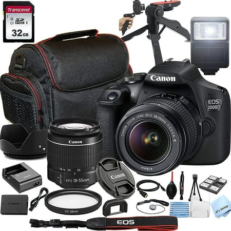 Canon EOS 2000D Rebel T7 DSLR Camera with 18-55mm f/3.5-5.6 Zoom Lens 32GB Memory Case Tripod w/Hand Grip and More28pc Bundle (International Version)
