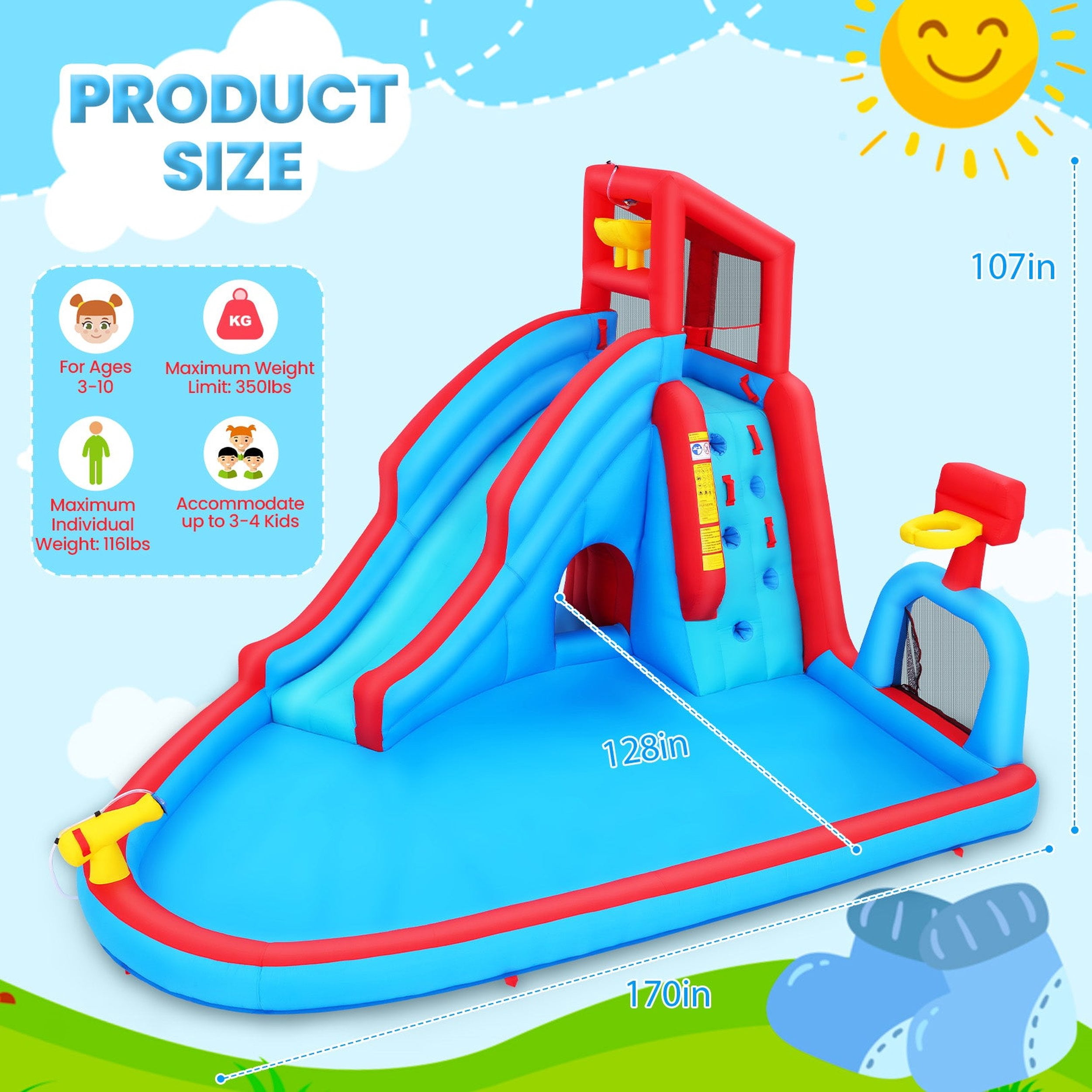Funcid Water Slide Inflatable Bounce House - Kids Backyard Water Park with Climbing Wall, Long Slide, Pool & Basketball Hoop